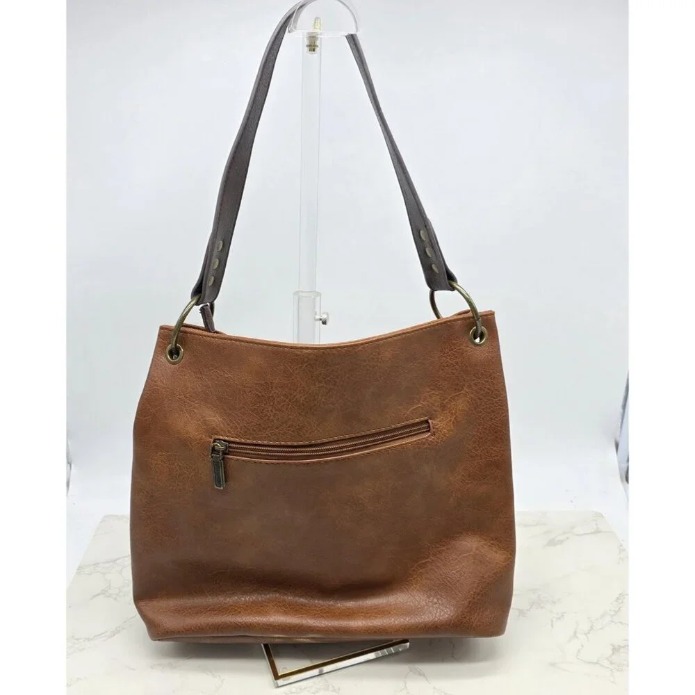 Wrangler Shoulder Bag Large Brown Faux Pebbled Leather Western Zip Hobo Casual